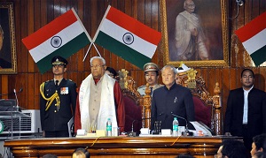 The Governor of Arunachal Pradesh Shri P.B. Acharya addressing the eleventh session of the Sixth Legislative Assembly at Arunachal Pradesh State Legislative Assembly, Naharlagun on 6th March2017. Also seen: Speaker of State Legislative Assembly, Er. T.N. Thongdok.